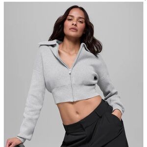 ALO Yoga Scholar Knit Cropped Full Zip Jacket Small Heather Grey